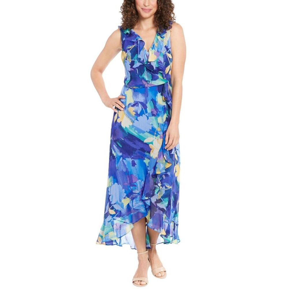 London Times Womens Faux-Wrap Ruffle-Hem Maxi Dress 6 Blue Multi - NWT $98